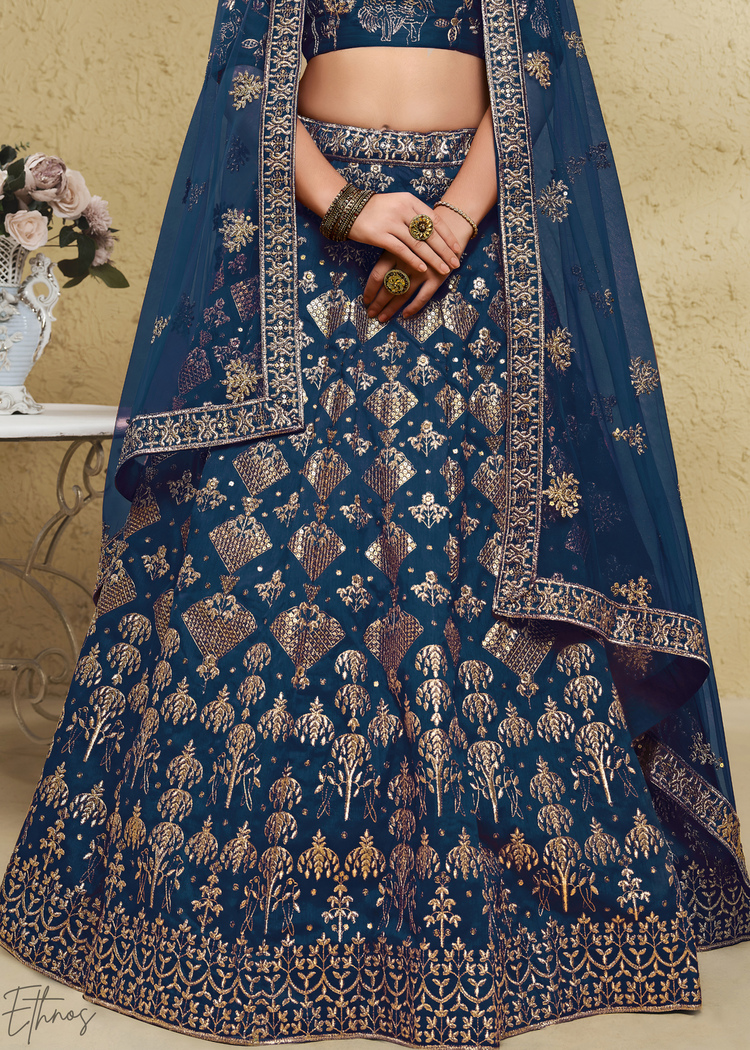Sapphire Persian Paisley Gilded Silk Lehenga