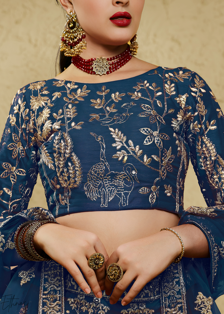 Sapphire Persian Paisley Gilded Silk Lehenga