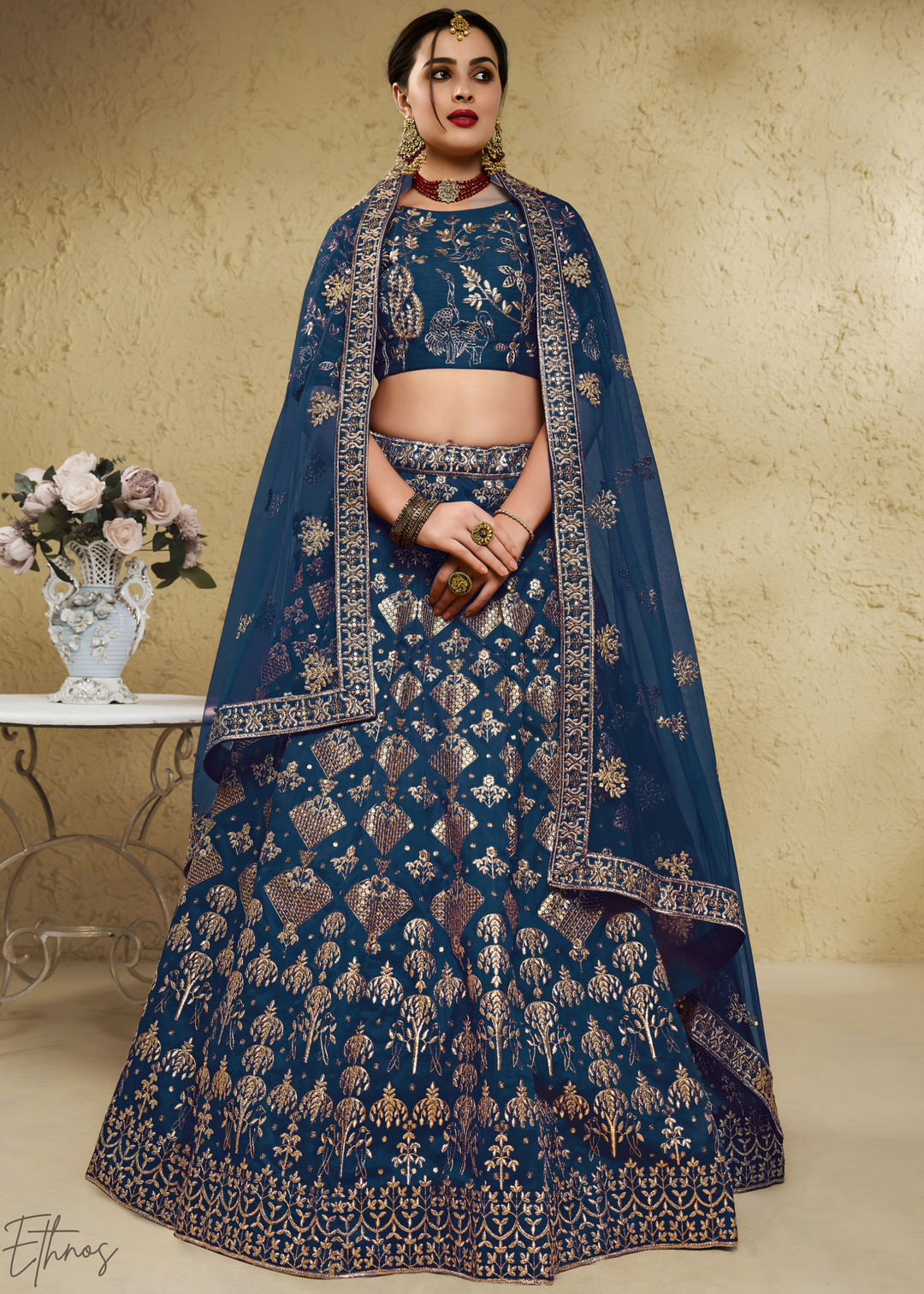 Sapphire Persian Paisley Gilded Silk Lehenga
