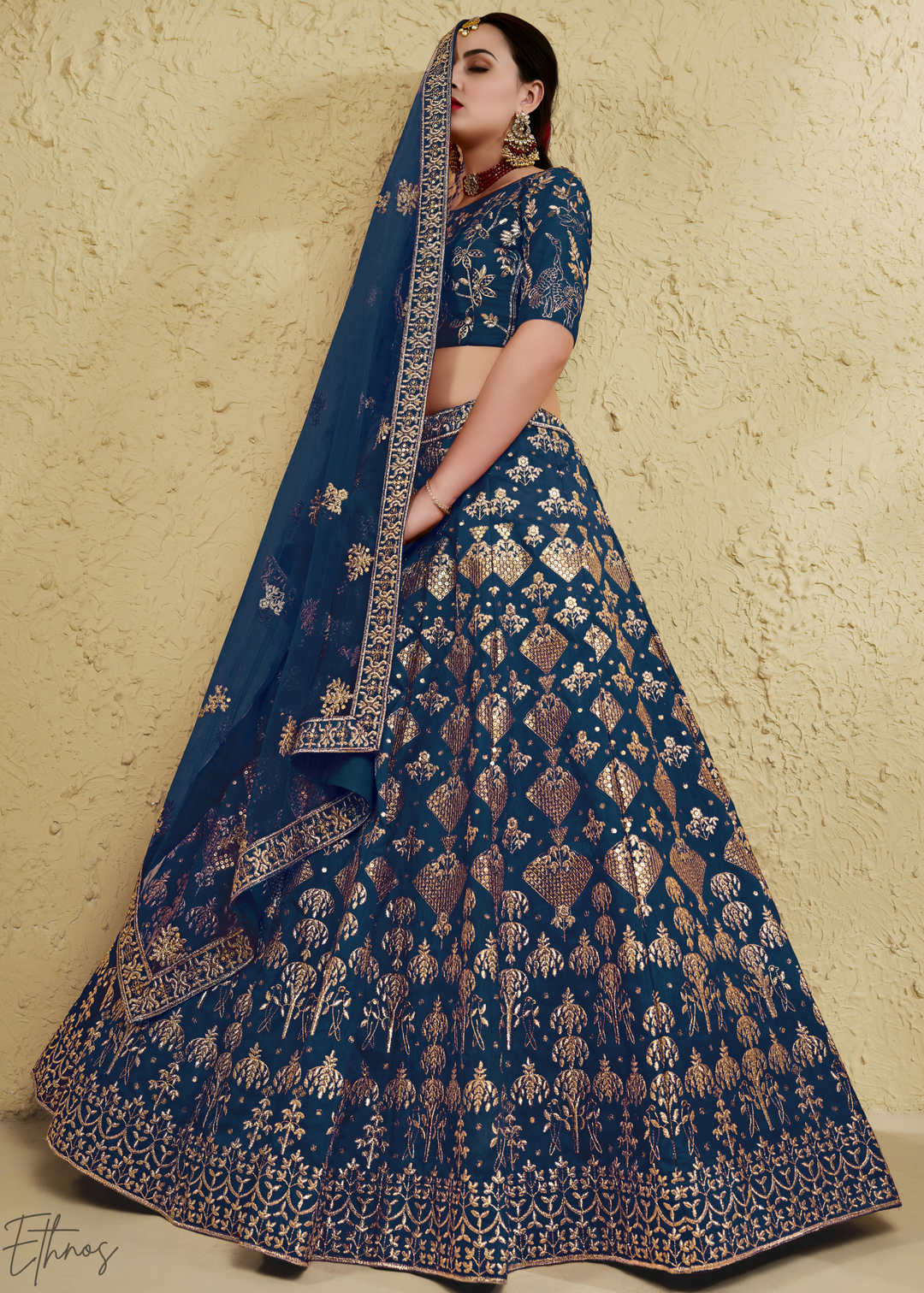 Sapphire Persian Paisley Gilded Silk Lehenga