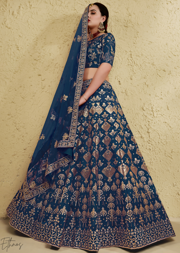 Sapphire Persian Paisley Gilded Silk Lehenga