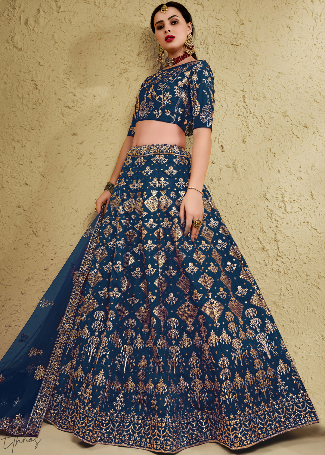 Sapphire Persian Paisley Gilded Silk Lehenga