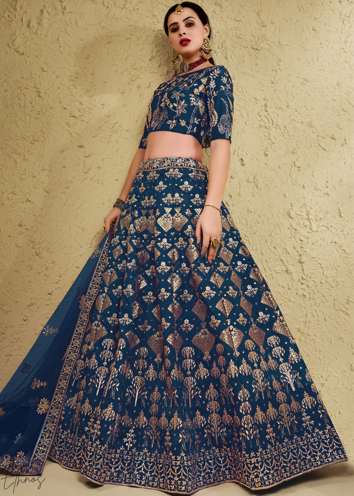Sapphire Persian Paisley Gilded Silk Lehenga