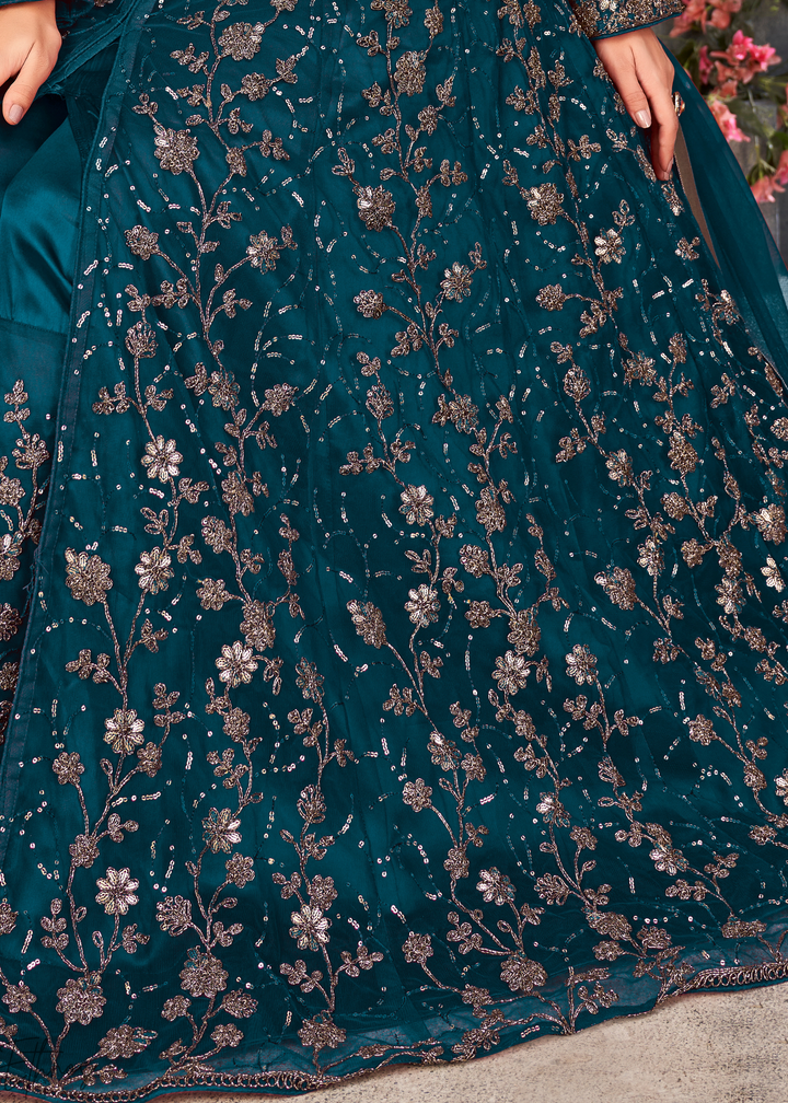 Sapphire Petal Filigree Net Anarkali Pant Suit