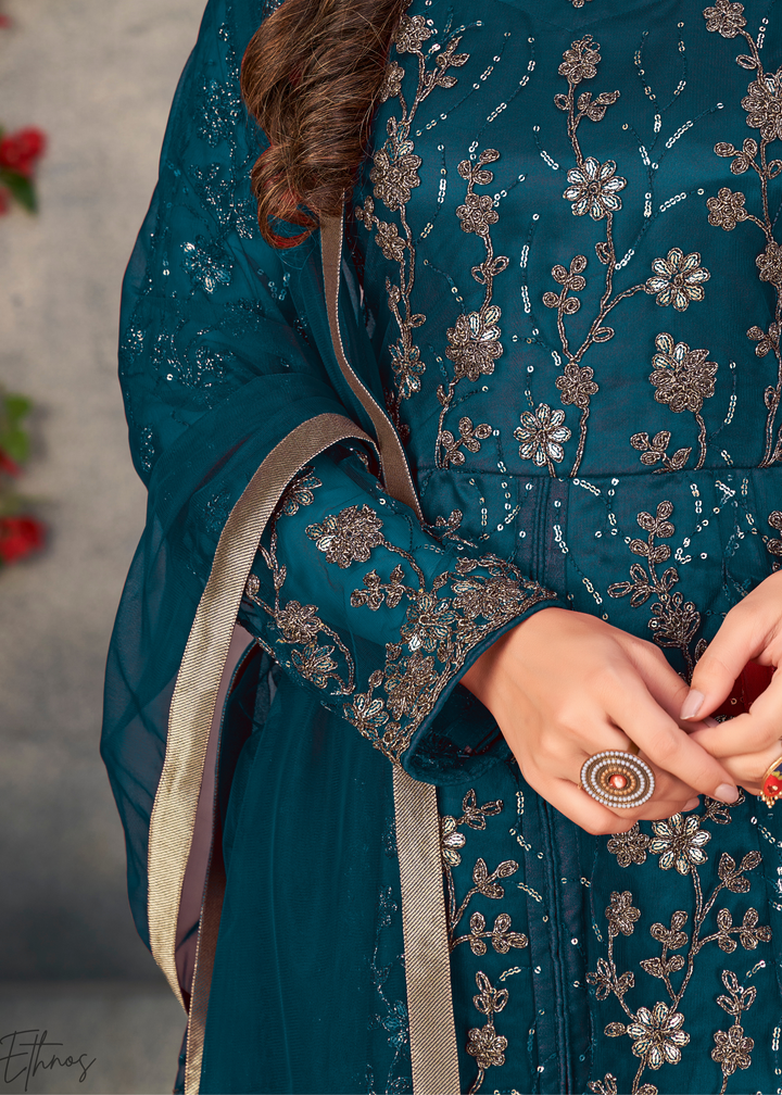 Sapphire Petal Filigree Net Anarkali Pant Suit