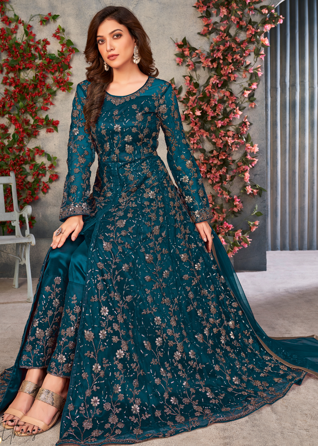 Sapphire Petal Filigree Net Anarkali Pant Suit