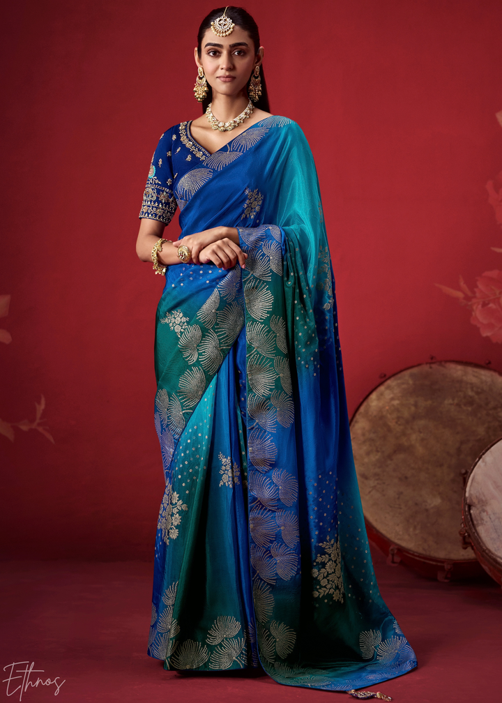 Sapphire Textured Chevron Ombre Dola Silk Saree