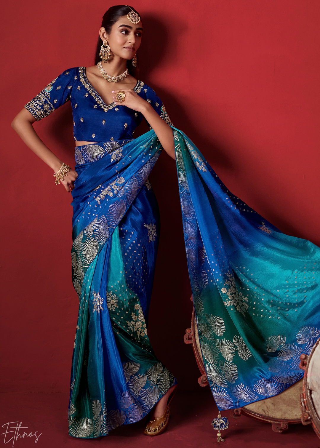 Sapphire Textured Chevron Ombre Dola Silk Saree