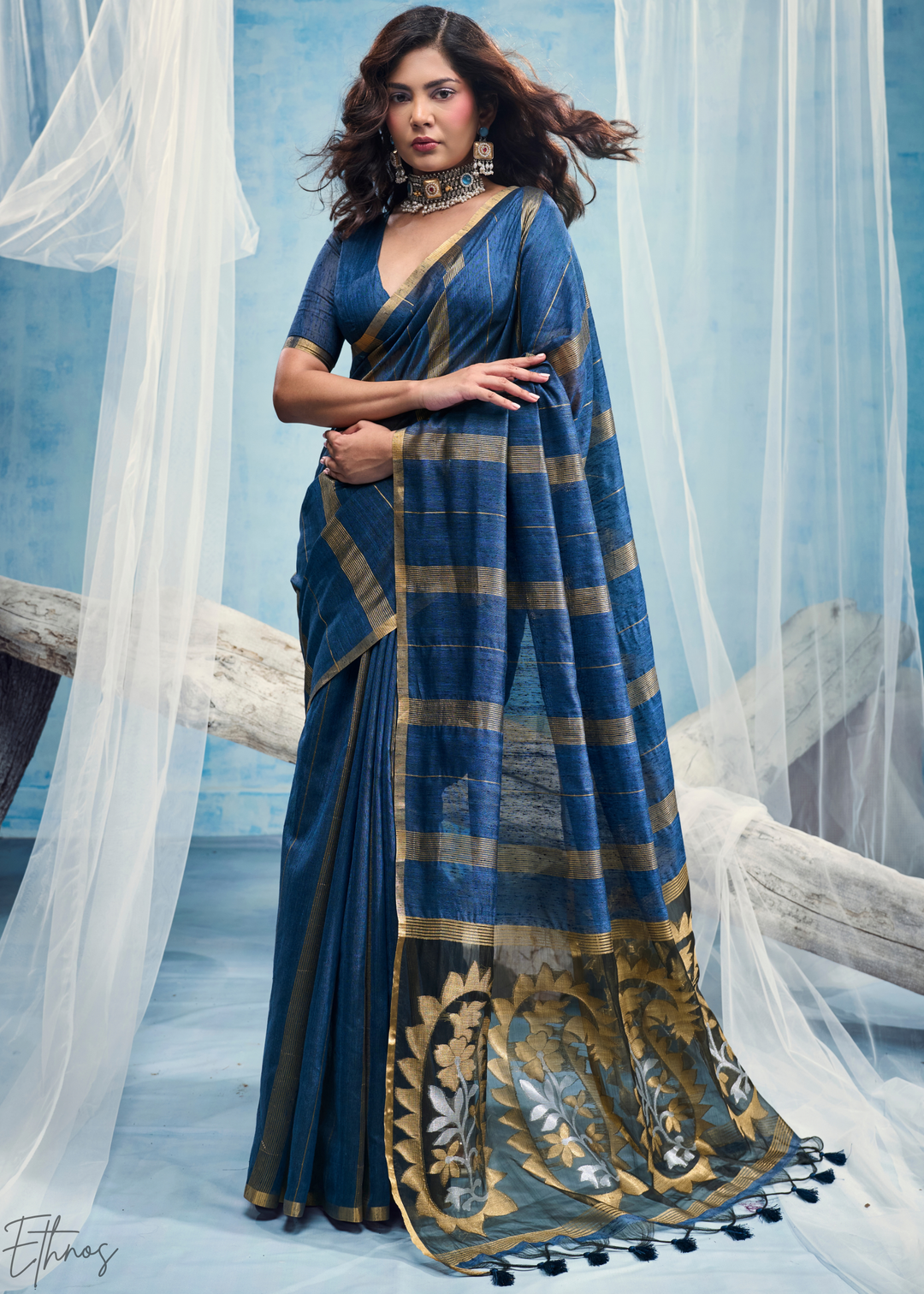 Sapphire Filigree Jamdani Pallu Munga Cotton Saree