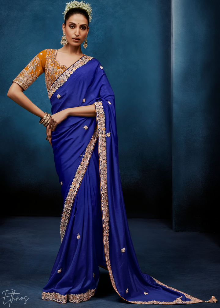 Sapphire Navy Tambour Embroidered Border Tissue Saree