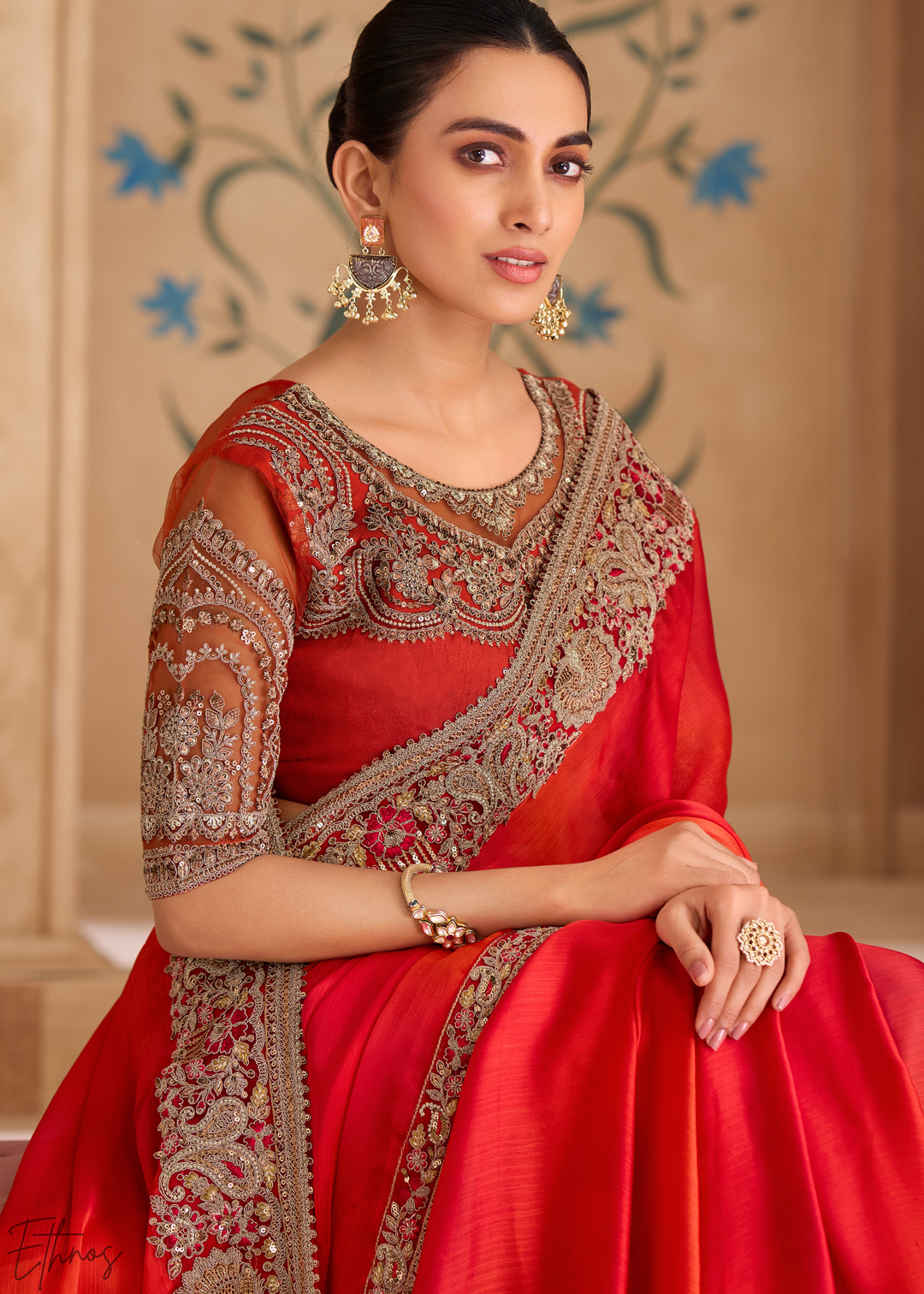 Scarlet Ombre Sparkling Shaded Chiffon Saree