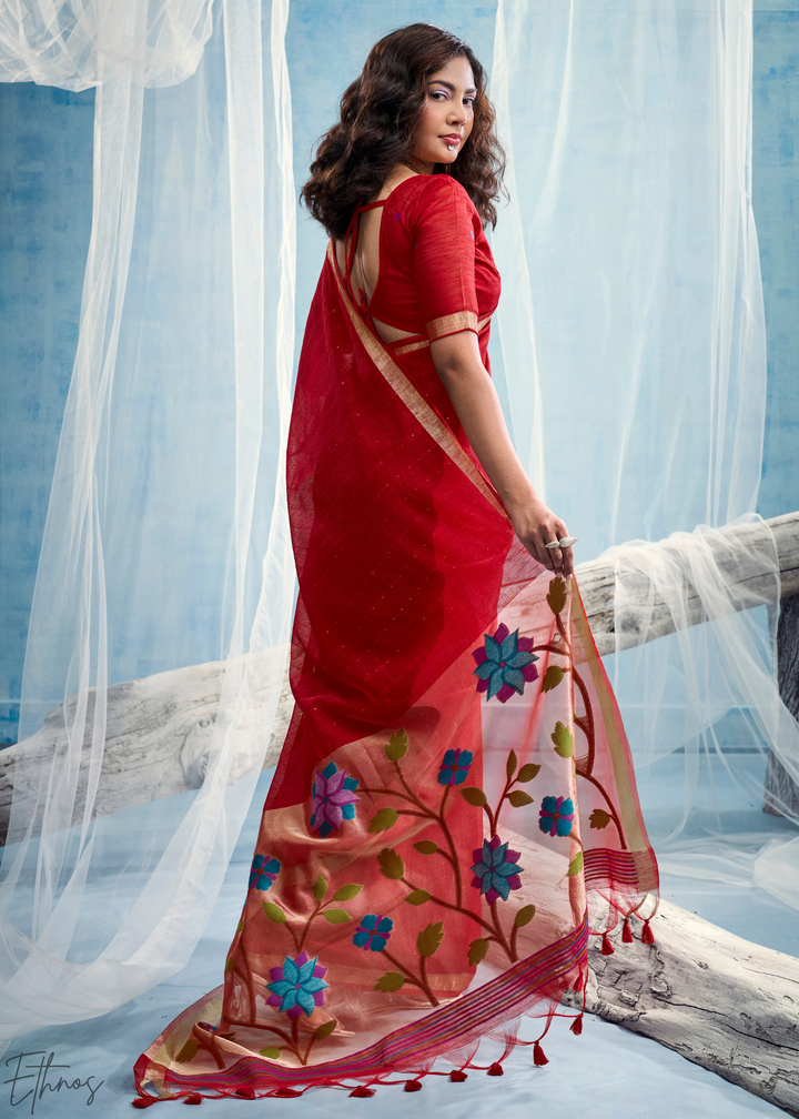 Scarlet Red Jardin Woven Munga Silk Saree