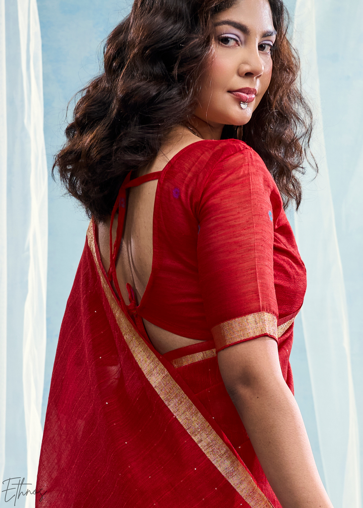 Scarlet Red Jardin Woven Munga Silk Saree