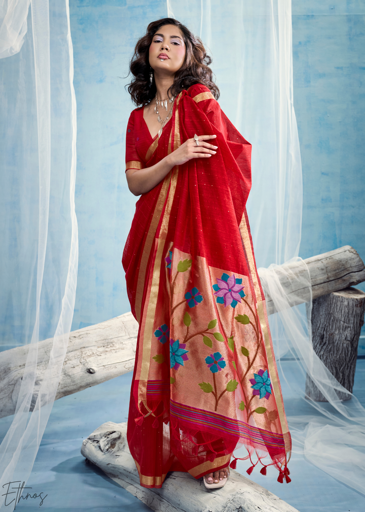Scarlet Red Jardin Woven Munga Silk Saree