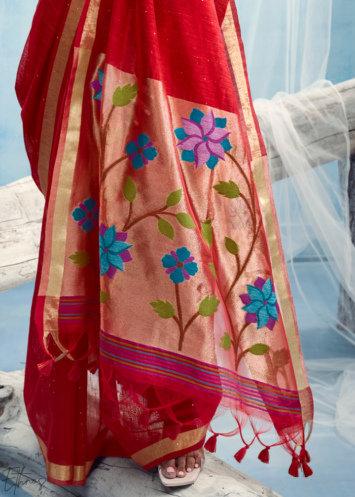 Scarlet Red Jardin Woven Munga Silk Saree