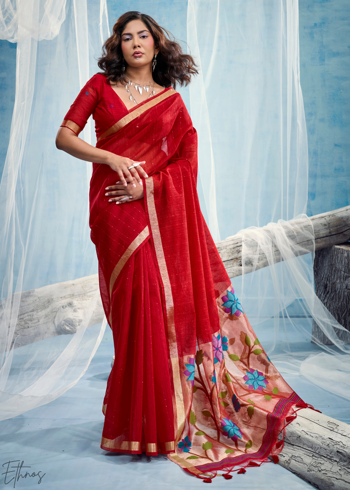 Scarlet Red Jardin Woven Munga Silk Saree