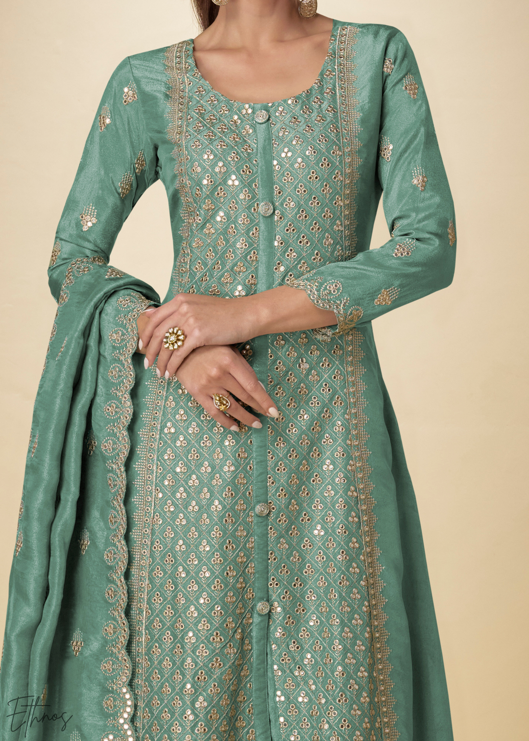 Sea Glass Arabesque Embroidered Shimmer Silk Palazzo Suit