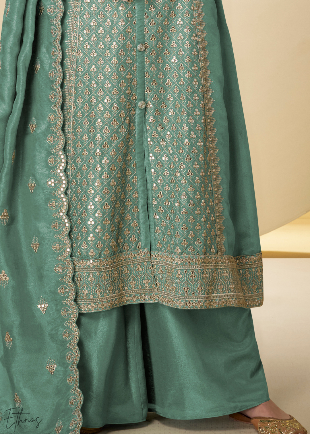 Sea Glass Arabesque Embroidered Shimmer Silk Palazzo Suit