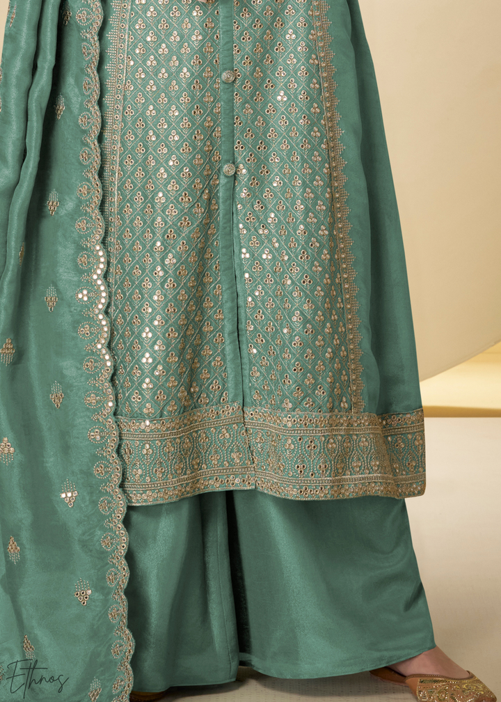 Sea Glass Arabesque Embroidered Shimmer Silk Palazzo Suit
