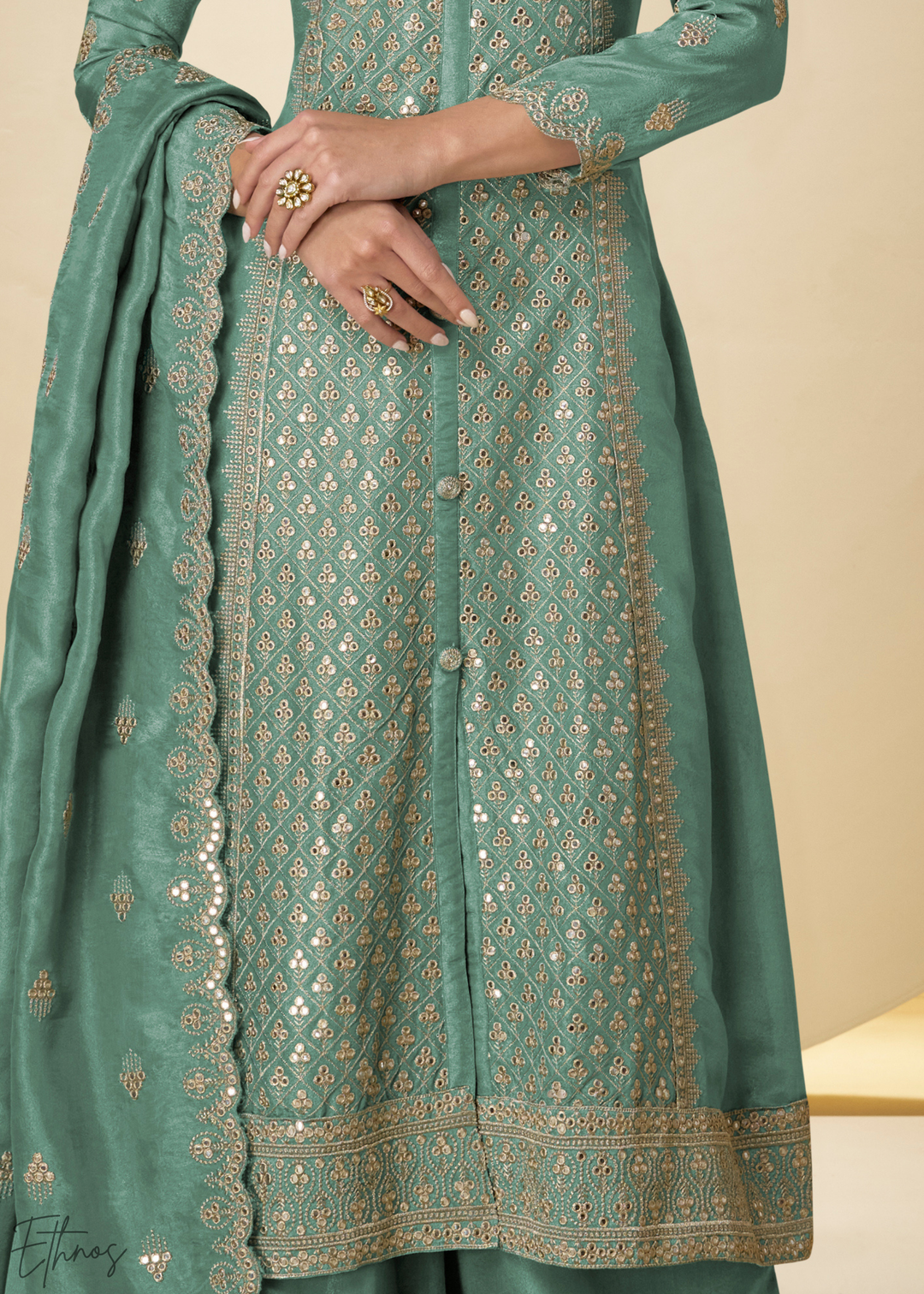 Sea Glass Arabesque Embroidered Shimmer Silk Palazzo Suit