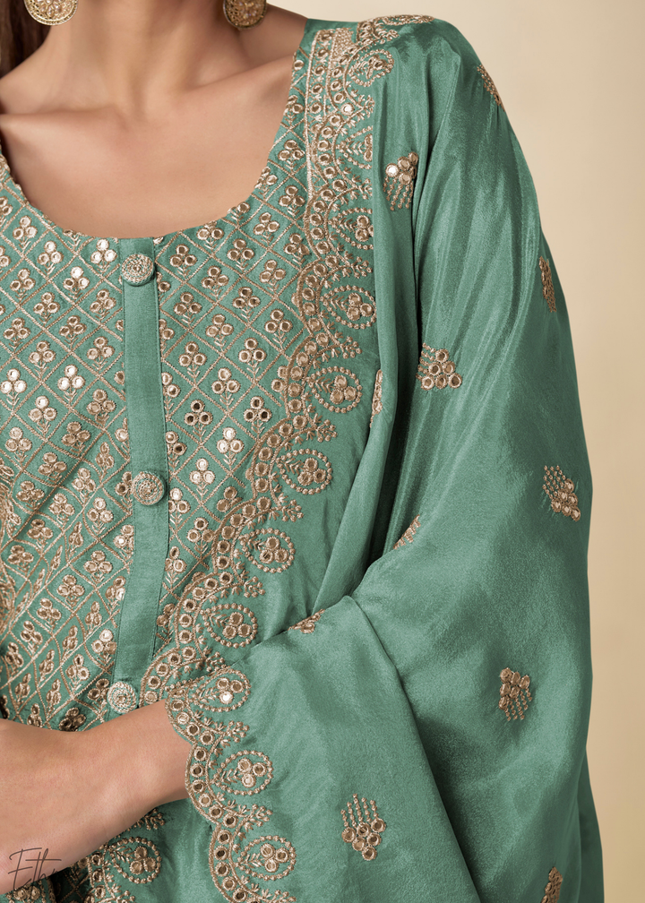 Sea Glass Arabesque Embroidered Shimmer Silk Palazzo Suit