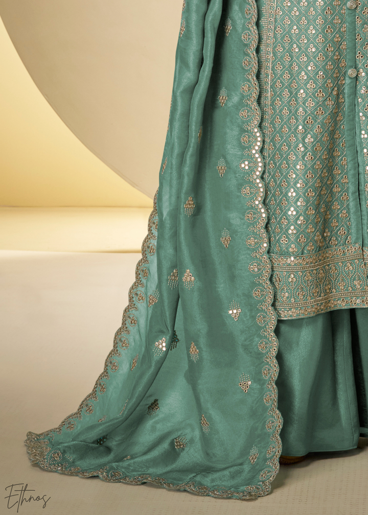 Sea Glass Arabesque Embroidered Shimmer Silk Palazzo Suit