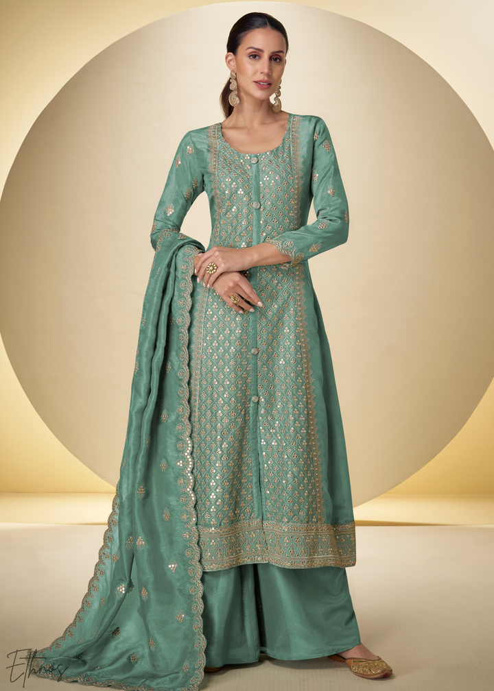 Sea Glass Arabesque Embroidered Shimmer Silk Palazzo Suit