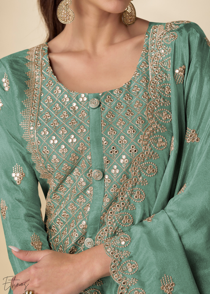 Sea Glass Arabesque Embroidered Shimmer Silk Palazzo Suit