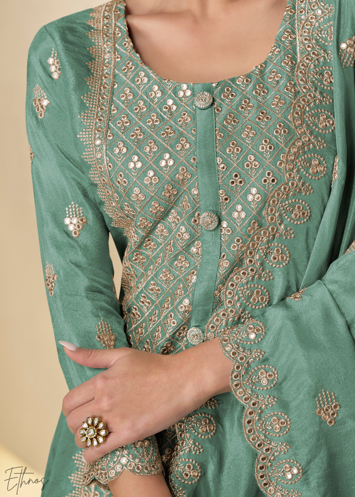 Sea Glass Arabesque Embroidered Shimmer Silk Palazzo Suit