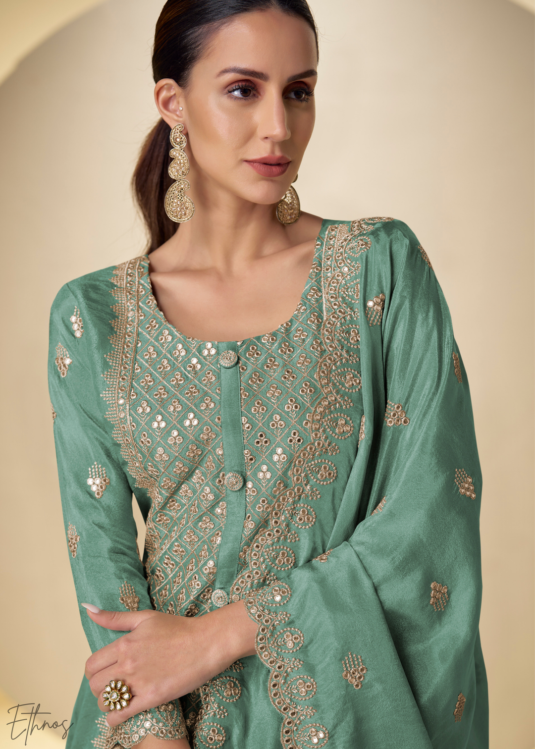 Sea Glass Arabesque Embroidered Shimmer Silk Palazzo Suit