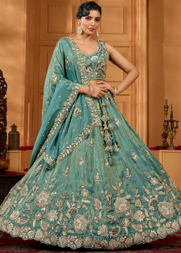 Sea Green Floral Zari Embroidered Tissue Lehenga Choli