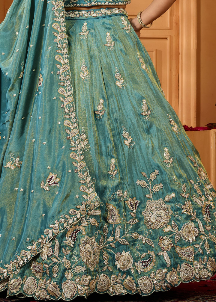 Sea Green Floral Zari Embroidered Tissue Lehenga Choli