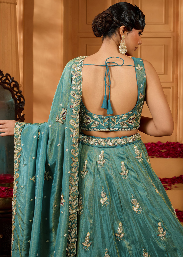 Sea Green Floral Zari Embroidered Tissue Lehenga Choli