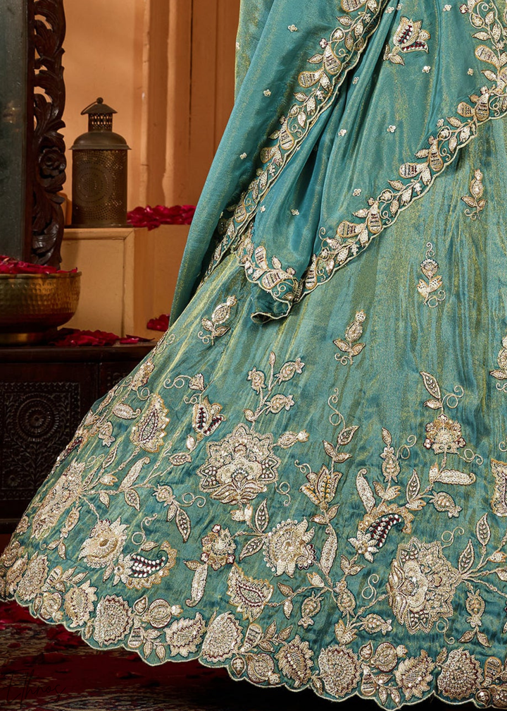 Sea Green Floral Zari Embroidered Tissue Lehenga Choli