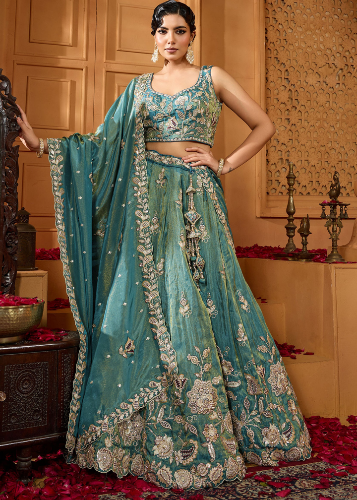 Sea Green Floral Zari Embroidered Tissue Lehenga Choli