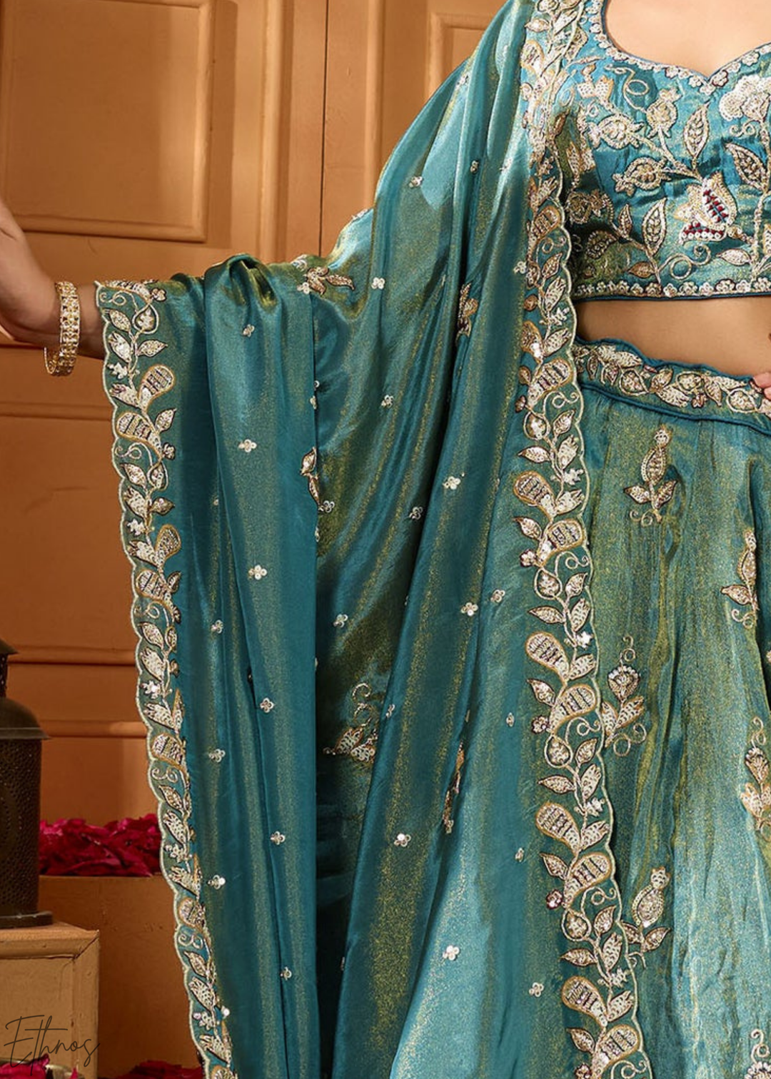 Sea Green Floral Zari Embroidered Tissue Lehenga Choli