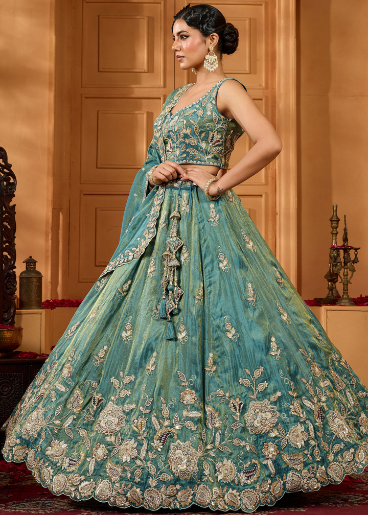 Sea Green Floral Zari Embroidered Tissue Lehenga Choli