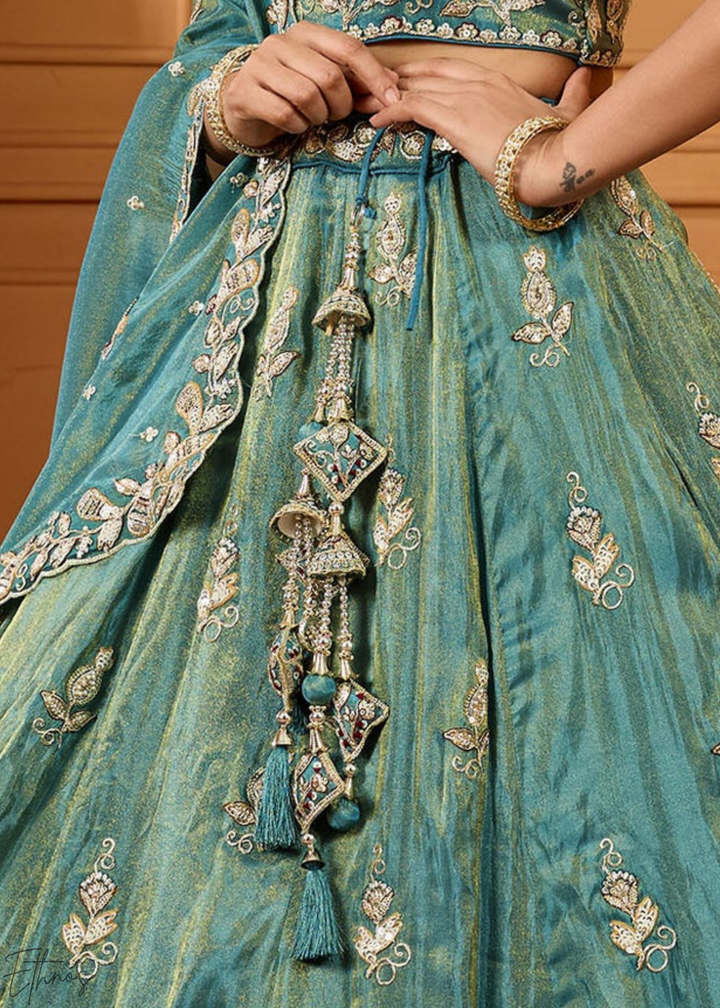 Sea Green Floral Zari Embroidered Tissue Lehenga Choli