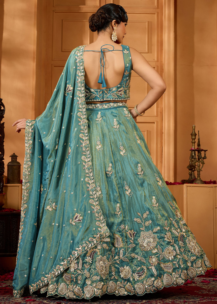 Sea Green Floral Zari Embroidered Tissue Lehenga Choli