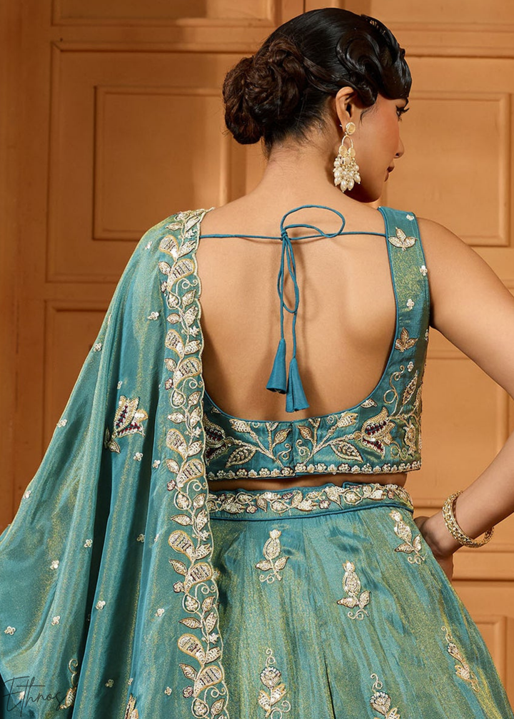 Sea Green Floral Zari Embroidered Tissue Lehenga Choli