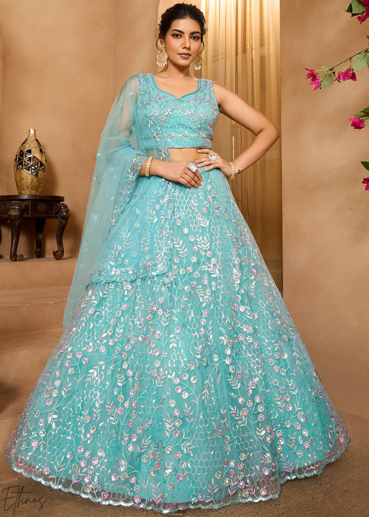 Sea Green Pastel Floral Sequins Embroidered Net Lehenga Choli