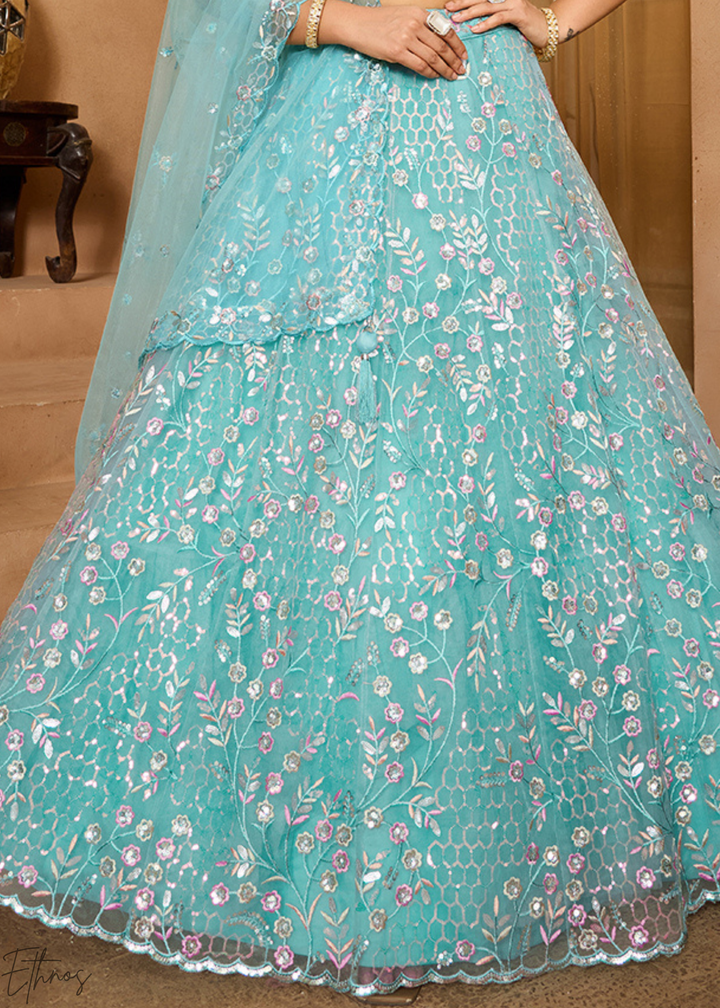 Sea Green Pastel Floral Sequins Embroidered Net Lehenga Choli