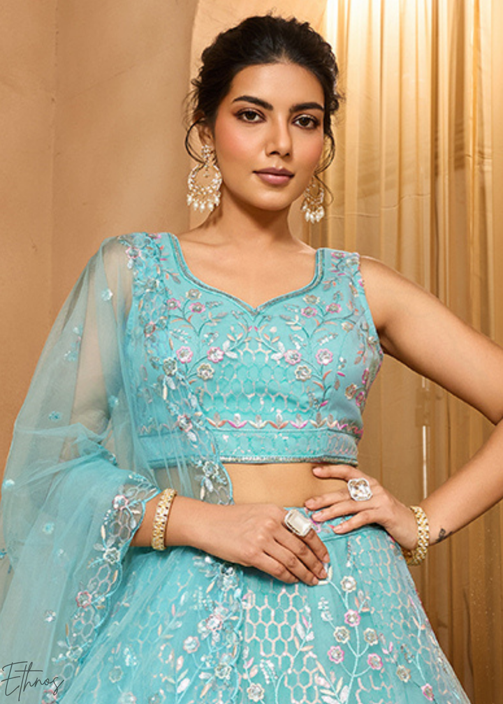 Sea Green Pastel Floral Sequins Embroidered Net Lehenga Choli