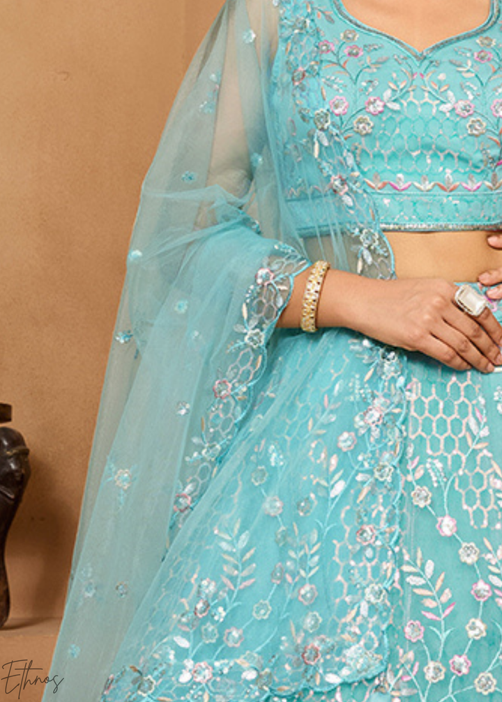 Sea Green Pastel Floral Sequins Embroidered Net Lehenga Choli