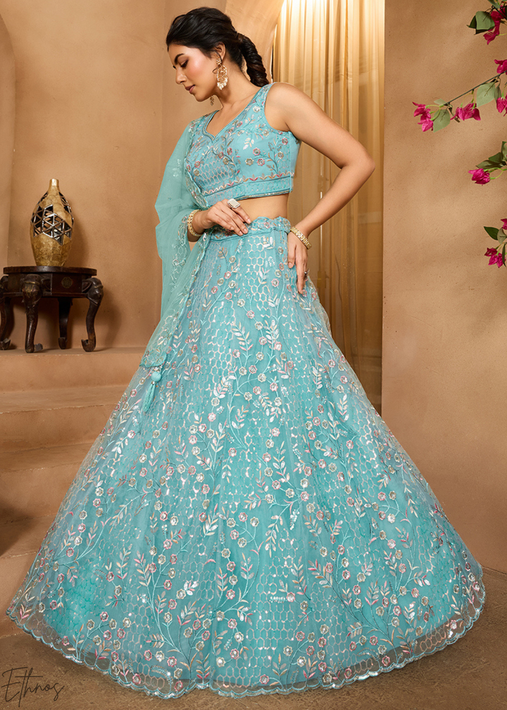 Sea Green Pastel Floral Sequins Embroidered Net Lehenga Choli