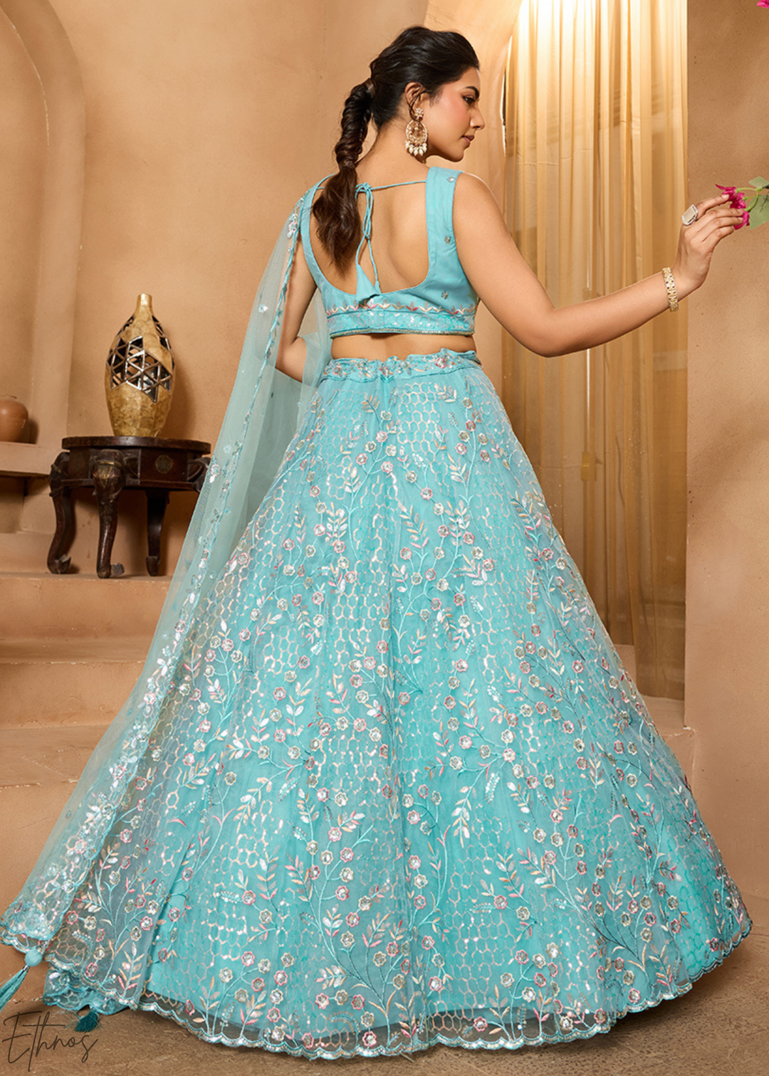 Sea Green Pastel Floral Sequins Embroidered Net Lehenga Choli