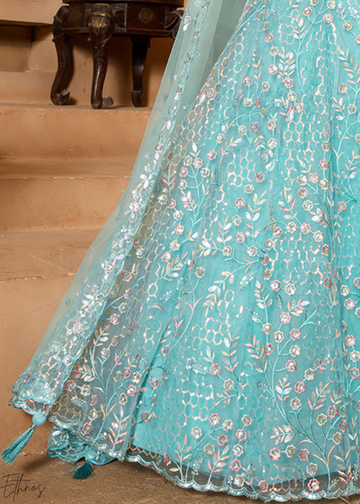 Sea Green Pastel Floral Sequins Embroidered Net Lehenga Choli