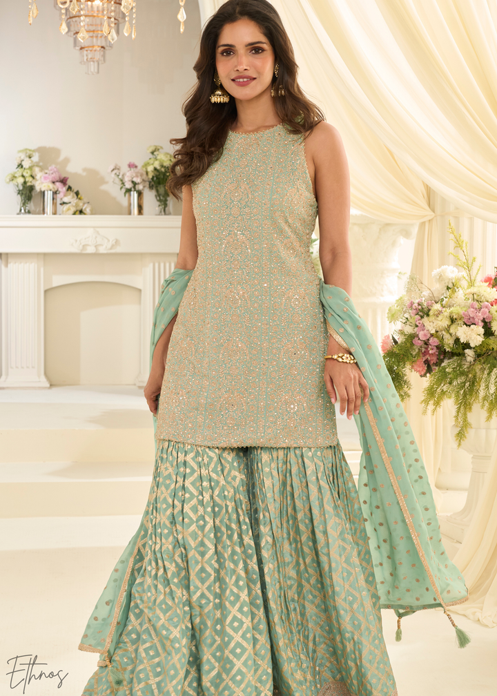 Sea Green Sequins Georgette Sharara Suit