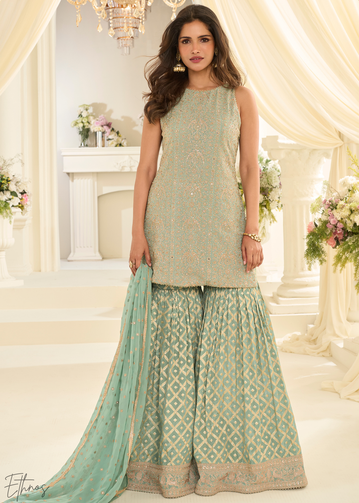 Sea Green Sequins Georgette Sharara Suit