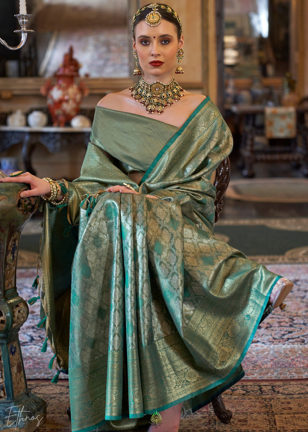 Sea Green Tissue Dharmavaram Silk Saree